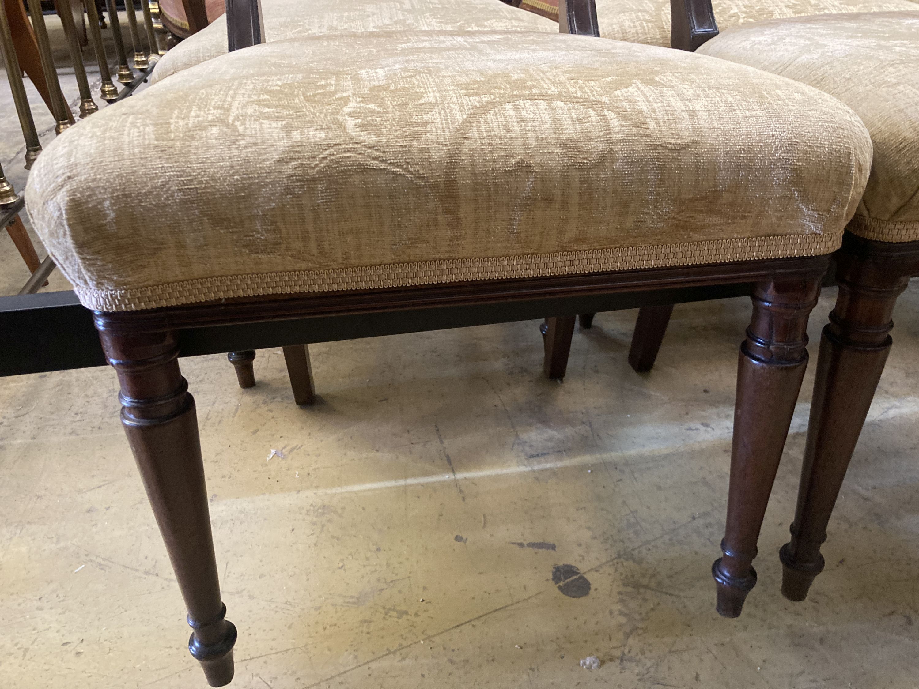 A set of six 19th century Dutch marquetry inlaid mahogany dining chairs